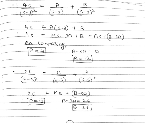 4s + (5-3)2 S-3) (5-3)² 45 = A(8-3) + B 45 AS-3A + B = As+(B-3A) DA comparing A-4 B-BA = 0 B =12 26 A B + (5-3)2 (5-3) (5-3)