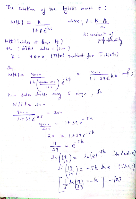 The sluton giah madel i: Nit) where k - Po 1+ Ackt k: onstan Mit1:sd lime (t ) (10) T3ta mctket f,r Tahirts) 39kt -kt ) * 1+