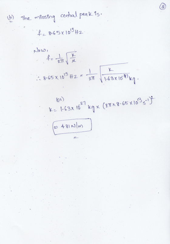 (b) The missing central peak is. f = 8:65x1013 H2 يا ولم fed 2T * 8.65x1019 #2 - 1-63x 1087 (ov) K= 1-63x 10 kqx (2TX 8-65x