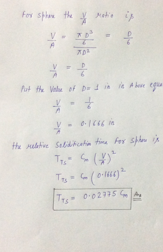 for sphere the y the V ratio А ratio is 3 V A TD 6 D 6 Пр2 VS D 6. Put the value of D= 1 in in A bove equal V А 6 V 0.1666 in