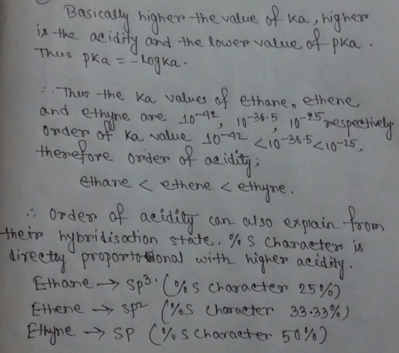 Basicay higher the value of ka, highey and Hhe lower value, REPIDO pka Thus the Ka values ethane, ethene and ethyne 10 25 pes