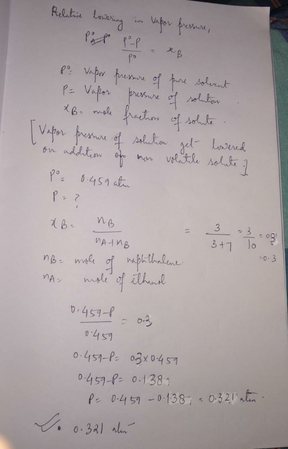 Relative lowering in Vapor pressure, PAX P-p xp Po Vapor presson of pure solvent P = Vapor pressure of solution *B mole fract