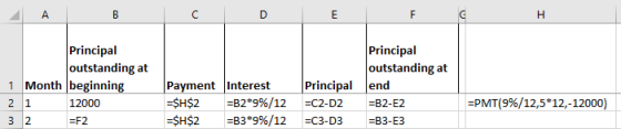 C Principal outstanding at 1 Month beginning 2 1 12000 32 =F2 Payment Interest =$H$2 =B2*9%/12 =$H$2 =B3*9%/12 Principal =C2-