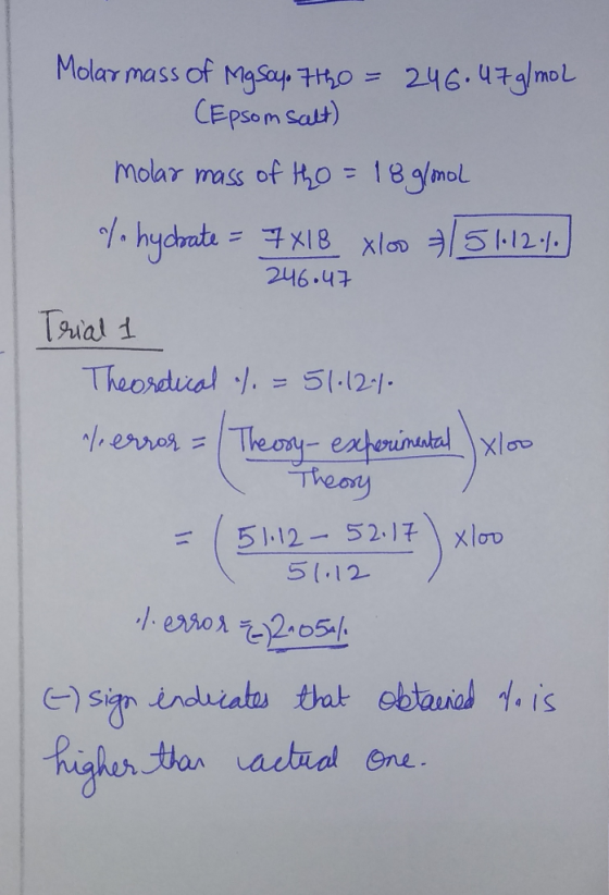 Molar mass of MgSoy 7tho = 246.47 g/mol (Epsom salt) molar mass of tho = 18 g/mol / hydbate = 7x18 xloo 151.12% 246.47 Trial