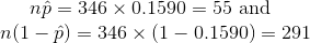 n\hat{p}=346\times 0.1590=55\text{ and}\\ n(1-\hat{p})=346\times (1-0.1590)=291