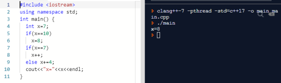 1 2 } clang++-7 pthread -std=c++17 -o main ma 3 in.cpp 4 } ./main x=8 5 6 include <iostream> using namespace std; int main()