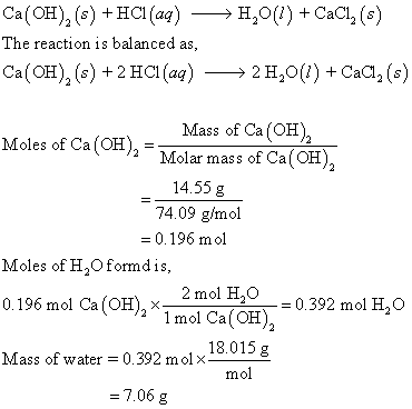Ca(OH) (s) +HC(a)H,O() +CaCl2 (s) The reaction is balanced as, Ca (OH)2 (s) +2 HCI(aq)2H2O() +CaC2 (s) Mass of Ca (OH) Molar