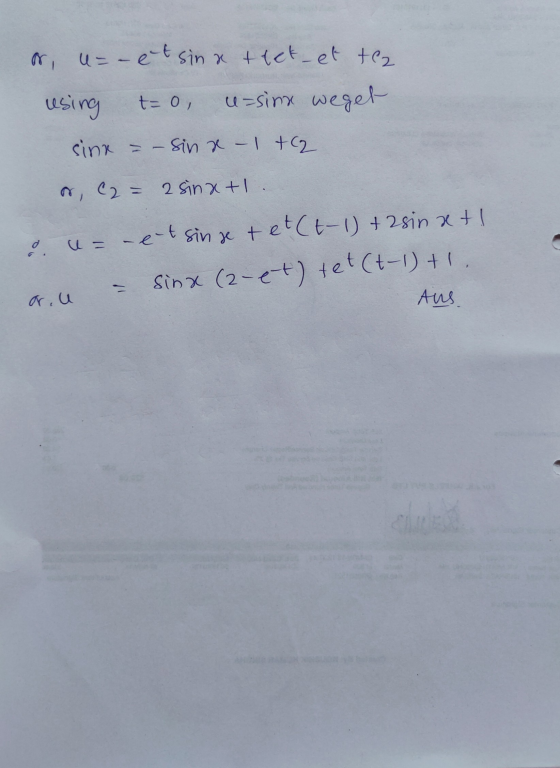 or u=- et sina ttet et tea using u=sing weget t= 0, sink = – Sina - 1 +(2 or C2 = 2 sinatl. u = et sin se tet(t-1) + zsinat!
