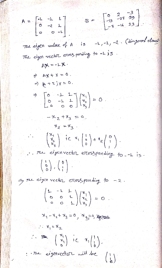 2 3 T T -2 1327 3g 8-1 23 A = O-L (ainjonnl elmo The eigen volue f A -i,-, -2 is The cigen vecto eross ponding to -L >s . AX
