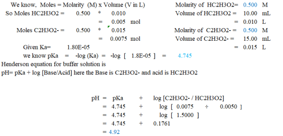 We know, Moles = Molarity (M) x Volume (V in L) Molarity of HC2H302= 0.500 M So Moles HC2H302 = 0.500 * 0.010 Volume of HC2H3