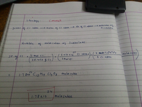 Strategy Convert. moles of cl atom No. of Cl atuma grama of cl atom moleculer o Rucratore I Number of molecules of sucralore: