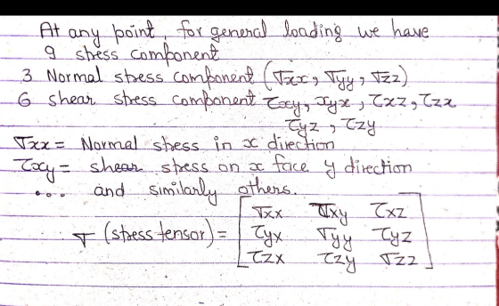 any point At for general loading we have I spess component 3 Normal stress component (ter, Tyy, Tz2) 6 shear stress component