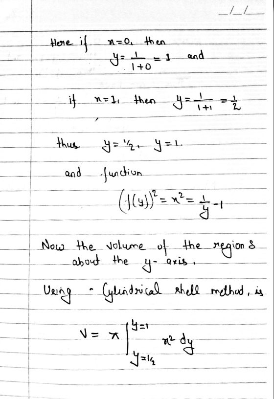 L Here if n=0, then y = I 1 +0 and it n=1 then y = 14 thus (164)*= x2= y=14+ y = 1 and function 헌 Now the volume of the regio