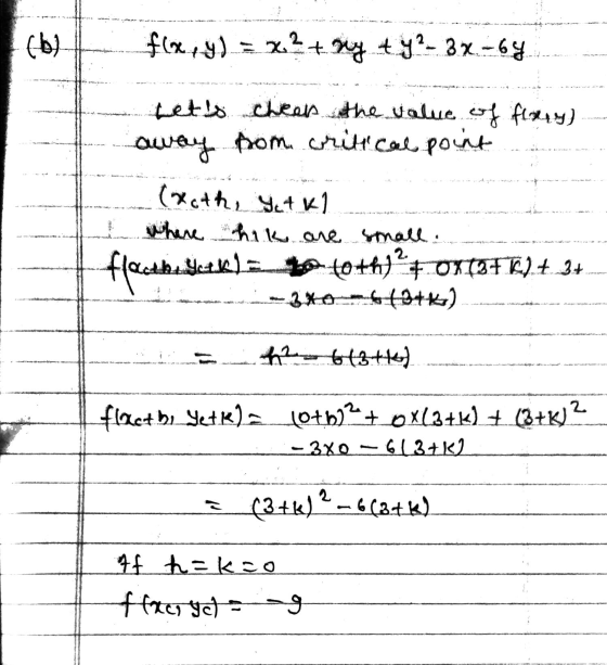 f(x, y) = x ² + ny + y² - 3x-by. Letts chear the value of flory) away from critical point... (xoth, YAK1 I where hik are smal