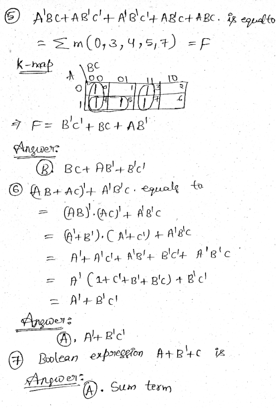 © ABC+ABd + A Bc+Agc+ABC is equalto => m (0,3,4,5,1) => K-map BC A 00 ID 017 F= Bc + BC + AB: Angwers BC+ ABA BC ©