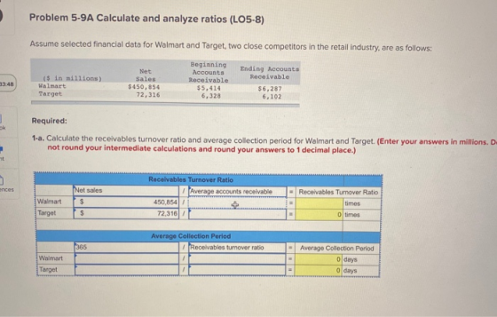 Problem 5-9A Calculate and analyze ratios (L05-8) Assume selected financial data for Walmart and Target, two close competitor