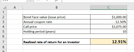 LI1 C Bond Face value (issue price) Annual coupon rate Call price Holding period (years) $1,000.00 12.50% $1,075.00 10 000 vo