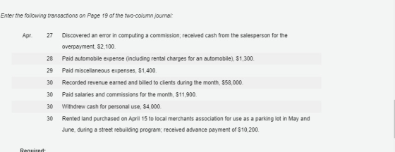 Enter the following transactions on Page 19 of the two-column journal: Apr. 27 Discovered an error in computing a commission,