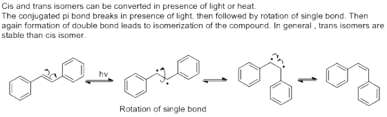 Cis and trans isomers can be converted in presence of light or heat. The conjugated pi bond breaks in presence of light, then