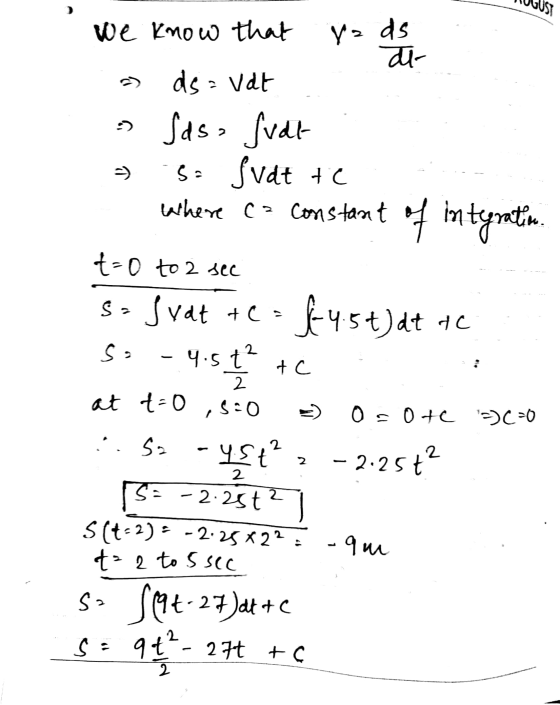 UST we know that Vads di- dsavat Sasa fudt 5= fvat te Where ca constant of integratin. t=0 to 2 sec S so fyat te=f-4.5 t) dt