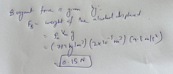 Boryant fore is giren erreal desplaced For weight of the alcohol displaced Vm (789 by len?) (2x10 un) (9.8 m/s2) - So. 15N