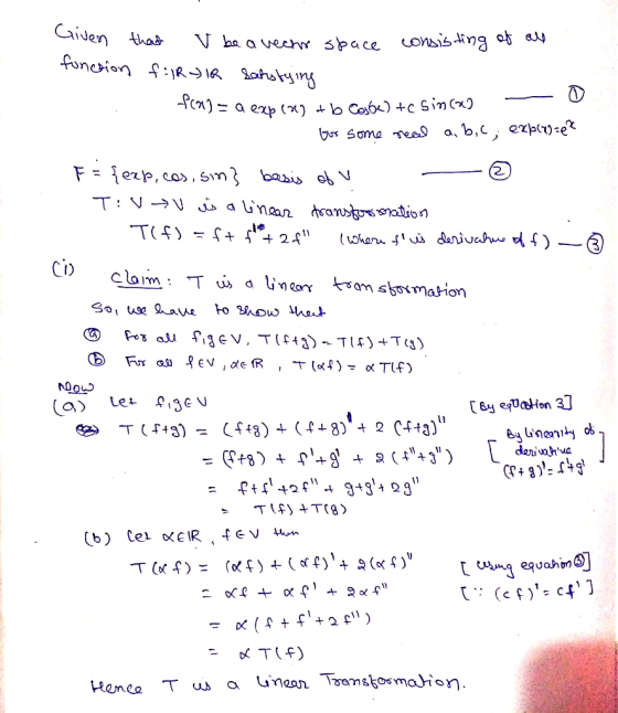 fra - a exp (2) t Given that v be a veche space consisting of all fonction f. 1R-) IR Satisfying a exp (36) + b COOL) + sin(x