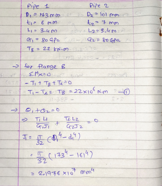 Pipe I Pipe 2 D = 143mm do to D2 ²101 mm ti 6 mm t2²7 mm L = 3.4m L2-3.4m p Ti=80 Gpa Calon G2= sogla 6 TB = 22 kN.m - for fl