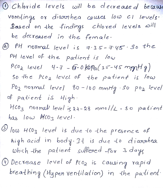 O Chloride levels will be dlecreased be ca usc low c levels vomdings Based on the findings chlored levels oill be decreased i