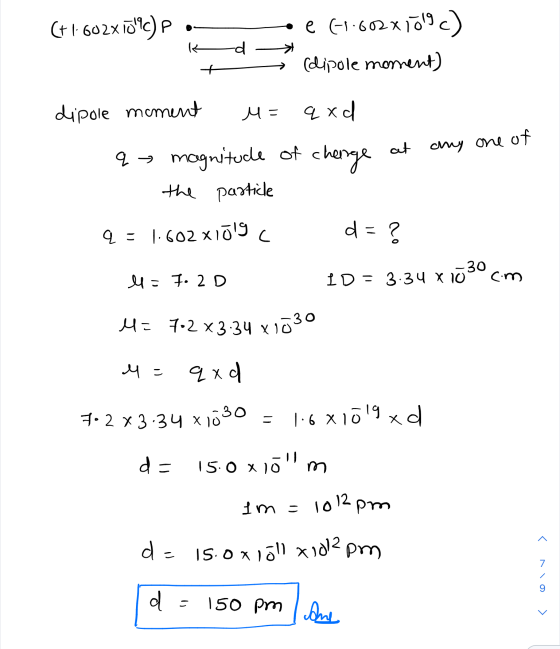 manne (+ 1.602x70°c) P o e 1.602 x 1019c) ad -* 5 Lipole moment) dipole moment u= qxd a magnitude of charge at any one of - t