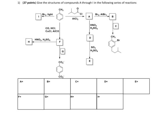 1) (27 points) Give the structures of compounds A through I in the following series of reactions CH3 Brą, light CI Brą, AIBr;