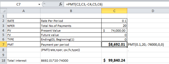 C7 fc =PMT(C2,C3,-C4,C5, C6) В 20 1 2 RATE 3 NPER 4 PV 5 FV 6 TYPE 7 PMT $ 74,000.00 Rate Per Period Total No.of Payments Pre