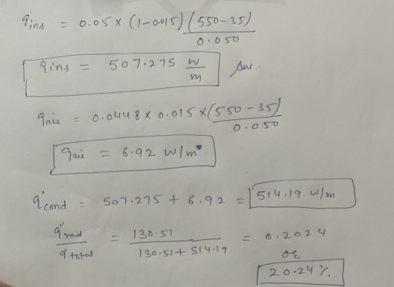 ains = 0.05x (1-0.015) (550-35) 0.050 Tins = 507. 275 w due I Pair – 0.044 8 x 0.015* (550-35) 0.050 Saie = 6.92 wlme cond -