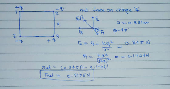 q net El force on charge 4 a a=0.331 5 = 5= kq² _ 0.345N I= kar a=0.1726N 92 Thet = Fhet = (0.34512-6.1726) 0.3156N