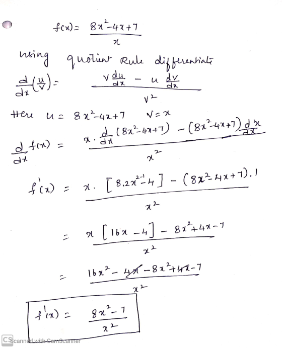 fcu) 842-42+7 x using quotient Rule differentiate (*) v du da u dv da da V? Here u = 8 x²-42+7 V=a 21822-1447) -(81*4*+1) de