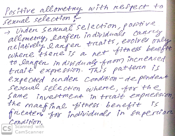 Positive allometry with respect to sexual selection o -> Undere serual selection, pofitive individuals carrey allometry large