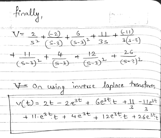 finally V= 2 Ell) + s2 (2) 6 + +Il+ (5-3) S-3) (5-3)² 35 3(5-3) 12 4 26 F (5-3)2 (5-3)2 5-3) (5-3)? V on using inverse laplac