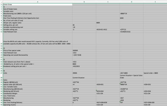 B E Green Grow =8800*19 6000 Out-of-Pocket Costs 4 Variable costs: 5 Manufacturing cost (8800 x $19 per unit) 6 Fixed costs: