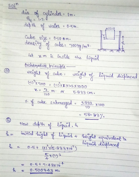 soln G 1.2. under - Im. dia of cylinder - Im. depth of water = 0.5m. Cube size = 0.100m. density of cube= 700 kg/m3. het xm i