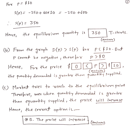 For p =$10 s(P) = -250+ 60x 10 = -250 7600 .. s(P)= 350 350 Hence, the equilibrium quantity is T-shirts. (answer) P>$0 (b) Fr