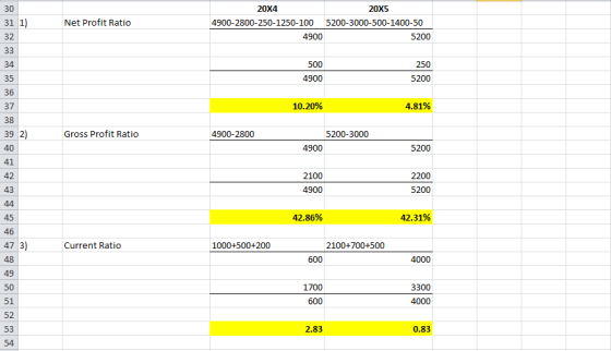 30 31 1) Net Profit Ratio 20X4 20x5 4900-2800-250-1250-100 5200-3000-500-1400-50 4900 5200 250 500 4900 5200 10.20% 4.81% Gro