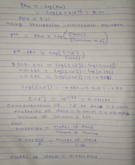 . Pka = - Log (ka) - = -log(6.2x10 10) = 9.21 Pka = 9.21 using Henderson - Hasselbalch equation pH = ekat log - Bases [Conjug