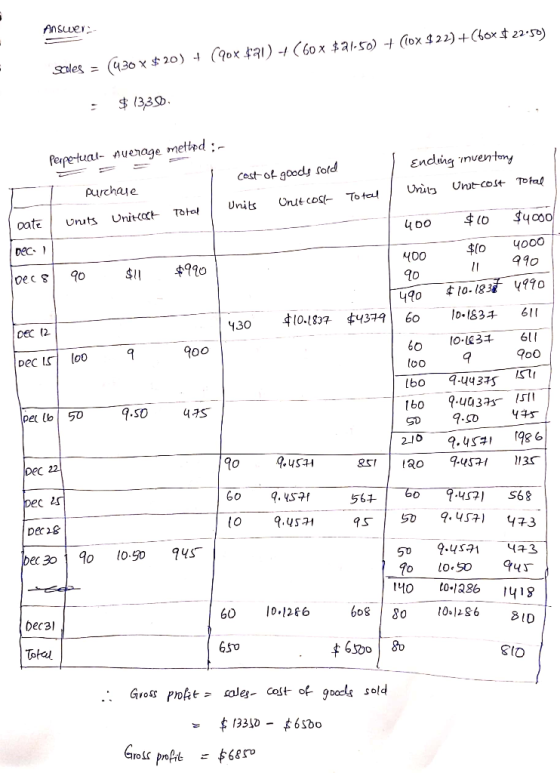 Ansuer sales(430 x $20) t (90x 431) + (60 x $31-50) + ((0x 422)+(6ox. 22 50) 13390 fepetual nuenage metted Ending nventny Cos