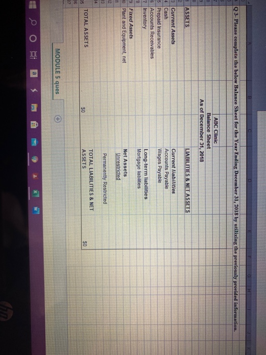 EHF G H 03- Please complete the below Balance Sheet for the Year Ending December 31, 2018 by utilizing the previously provide