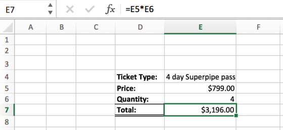 E7 Ticket Type: Price: Quantity: Total: 4 day Superpipe pass $799.00 4 $3,196.00 5