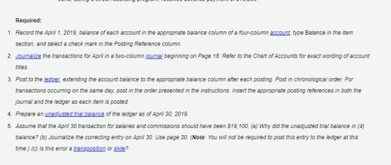 Required: 1. Record the April 1, 2019, balance of each account in the appropriate balance column of a four-column account typ