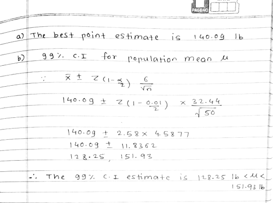 PAGENO a)The bes point estimate is b 140.04 for C. I ropulation mean -1) 2 |40.0 9 + 3 2.44 O.O 140.0g 2.5 X 4. S8 77 140.09