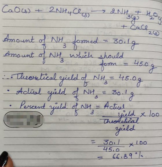 Calco) + 2NH4C 2NH3 + Hoo Amount of NH formed = 30.1g Amount of NH3 which should foom - 45.00 Theoretical yield of N = 45.09