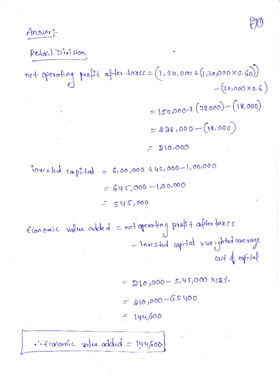 Answers Retail Division net operating profit afater taxes = (1,50,000 + (1,30,000x0.60) -(30,000 X 0.6) = 150,000+ (72000)– (