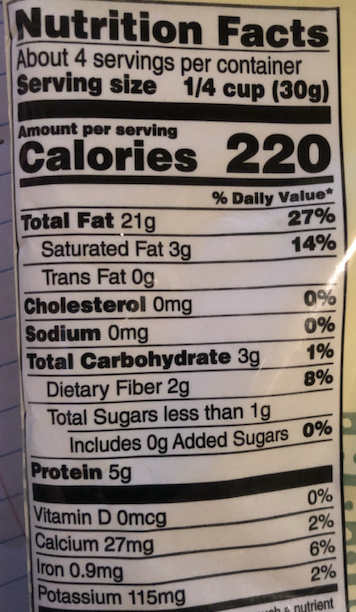 Nutrition Facts About 4 servings per container Serving size 1/4 cup (30g) Amount per serving Calories 220 % Daily Value* 27%