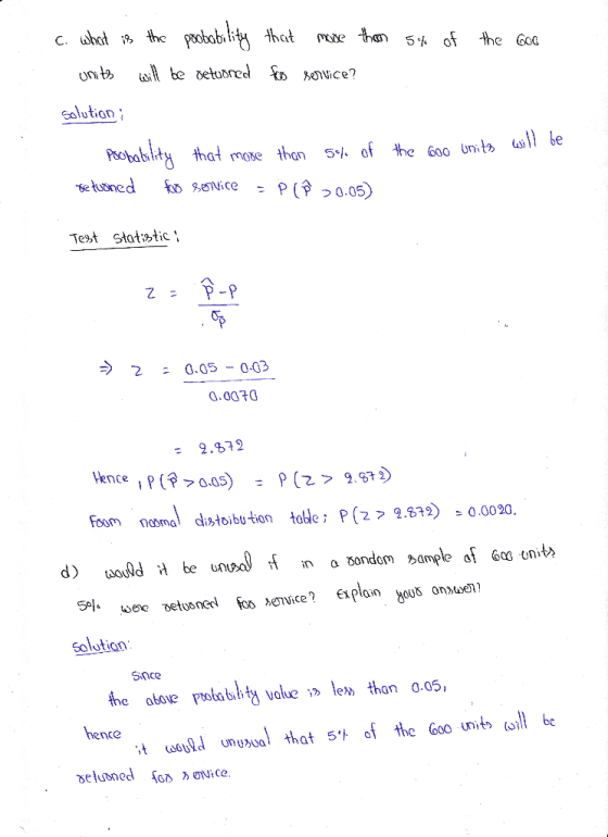 the GoG c. what is the probability that more than 5% of units will be returned for service? solution: Probability that more t